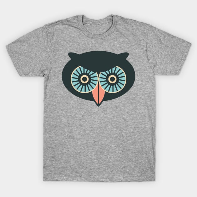 THERE BE OWLS Big Staring Owl Forest Bird Black Blue Eyes Pink Beak - UnBlink Studio by Jackie Tahara T-Shirt by UnBlink Studio by Jackie Tahara